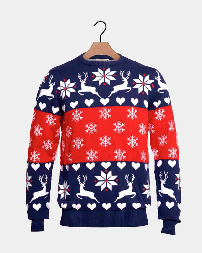 Blue and Red Christmas Sweater for Men with Hearts