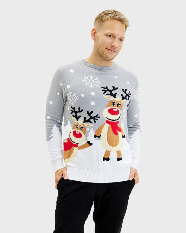 Gray Christmas Sweater for Men with Cute Reindeer