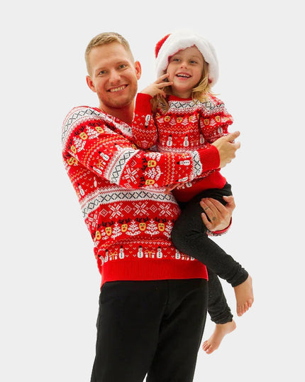 Organic Cotton Red Christmas Sweater for Men with Snowmen