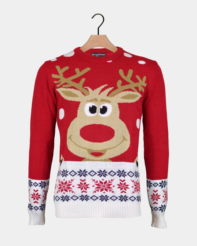 Christmas Sweater for Men Red with Reindeer and Snow
