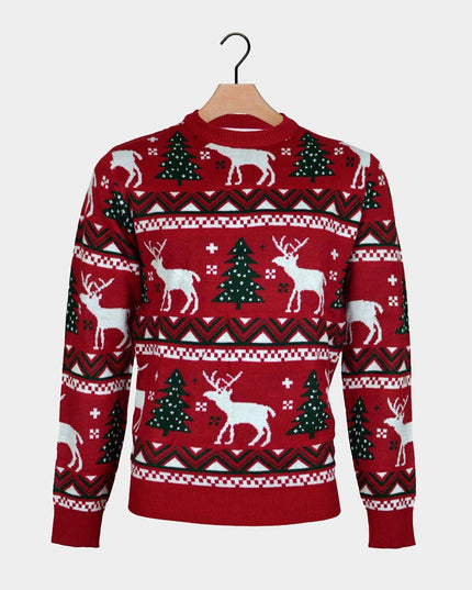 Red Christmas Sweater for Men with Trees and Reindeer