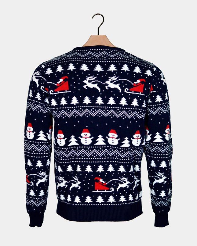Men's Blue Sweater with Trees, Snowmen, and Santa