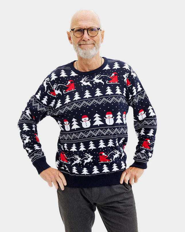 Blue Christmas Sweater for Men with Trees and Snowmen