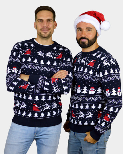Men's Organic Cotton Blue Sweater with Trees and Santa