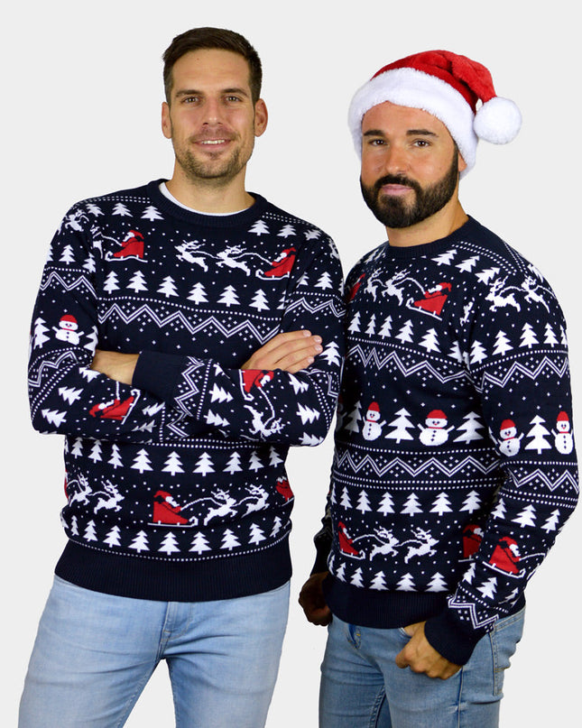Men's Organic Cotton Blue Sweater with Trees and Santa