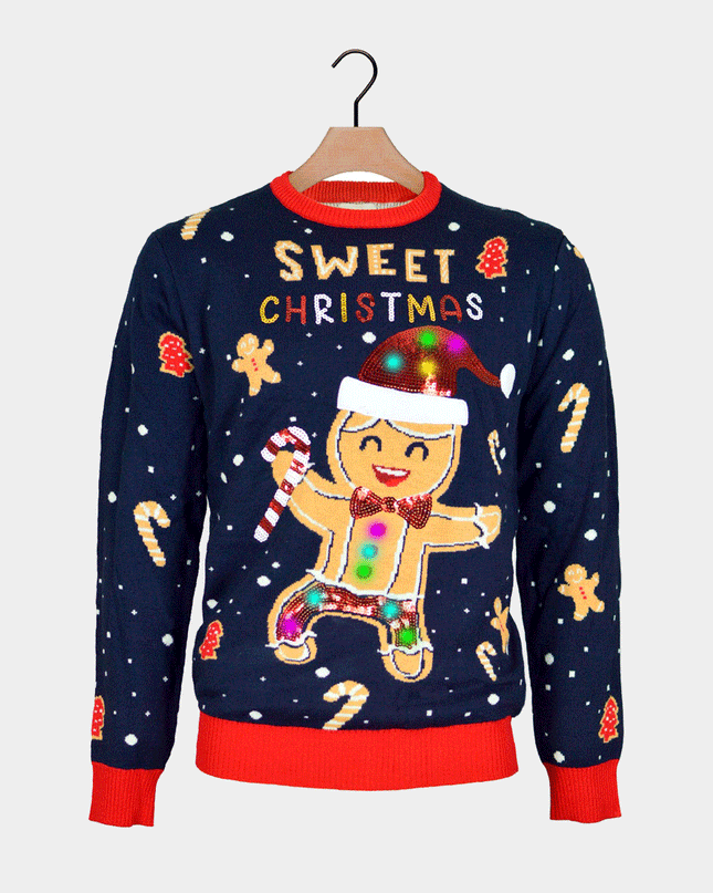 LED Ginger Cookie Couples Christmas Sweater - Blue