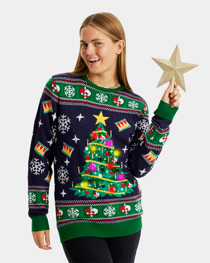LED Christmas Sweater for Family with Blue Christmas Tree