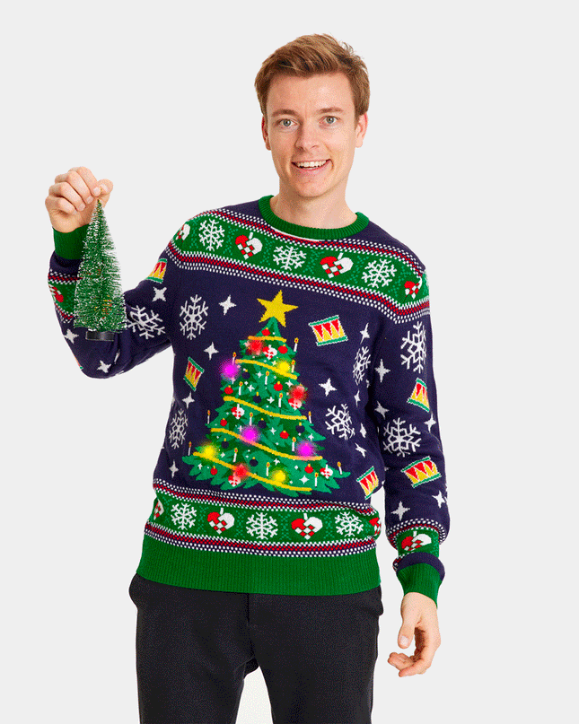 Men's LED Blue Christmas Sweater with Christmas Tree