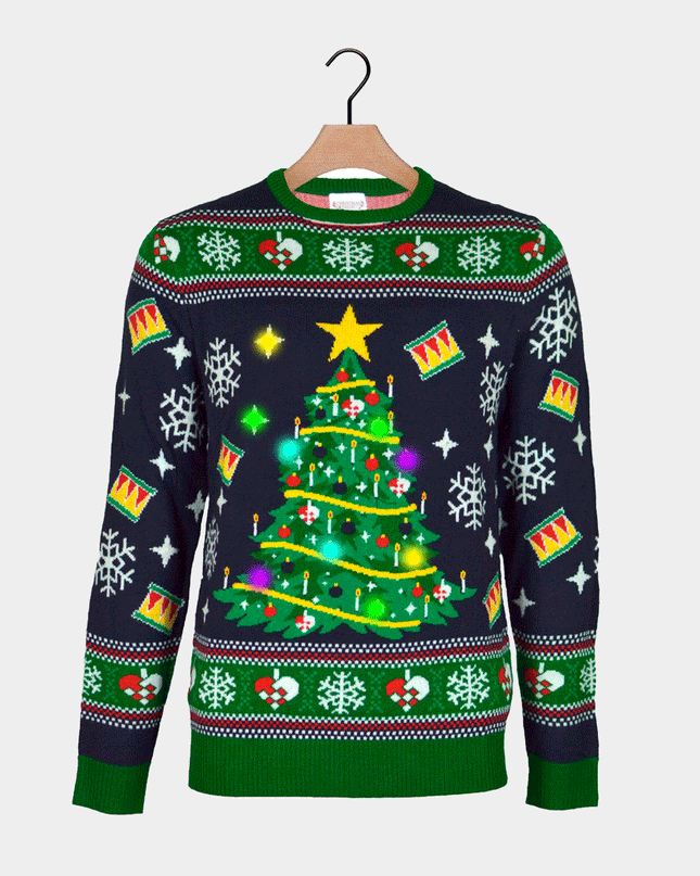 LED Christmas Sweater for Family with Blue Christmas Tree