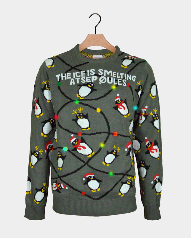 Christmas Sweater for Men Light-Up LED Grey with Penguins