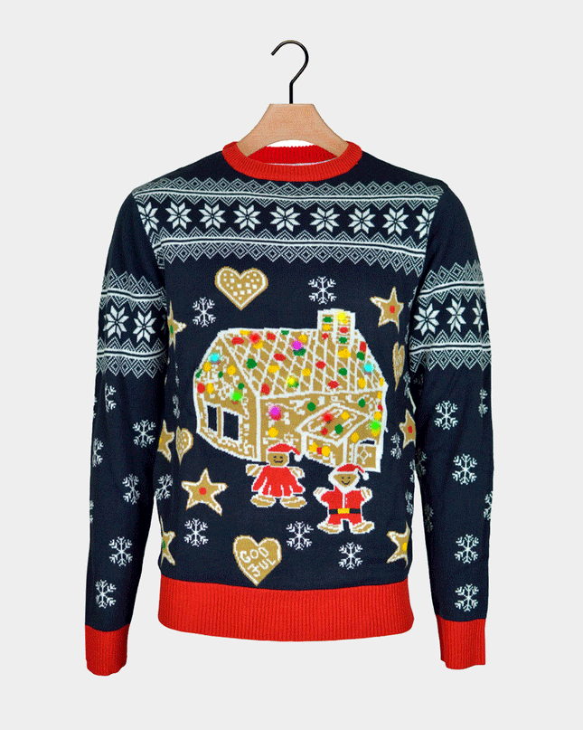 Christmas Sweater for Men Light-Up LED Gingerbread House