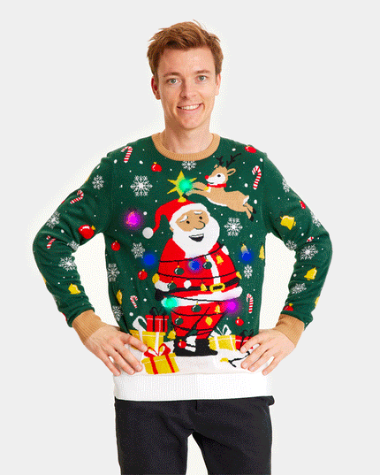 Luminous LED Christmas Sweater for Men with Tied-Up Santa