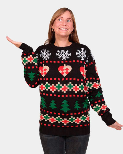 Black Christmas Sweater with Snow, Hearts, and Trees