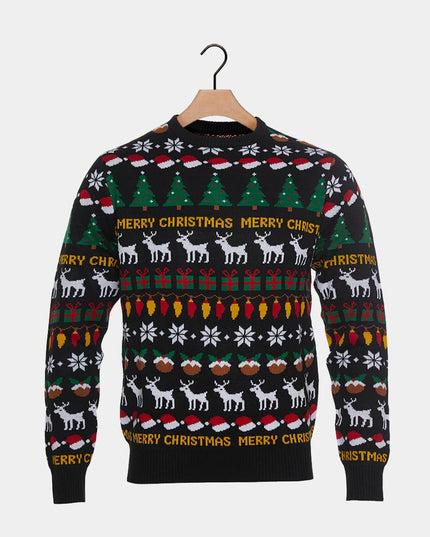 Black Christmas Sweater for Kids with Trees, Reindeer, and Gifts