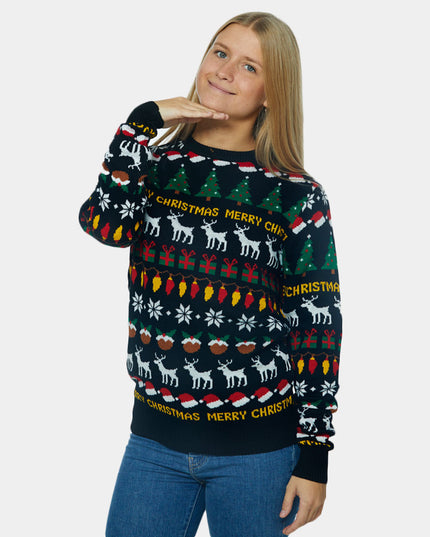 Women's Black Christmas Sweater with Trees and Gifts
