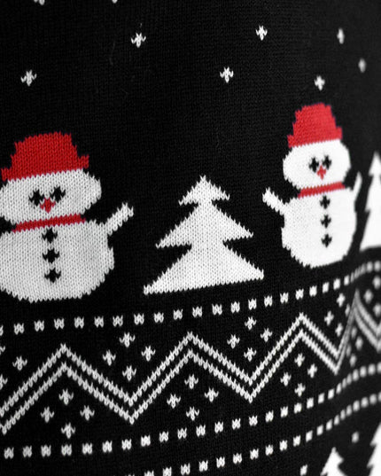 Women's Black Christmas Sweater with Trees and Snowmen