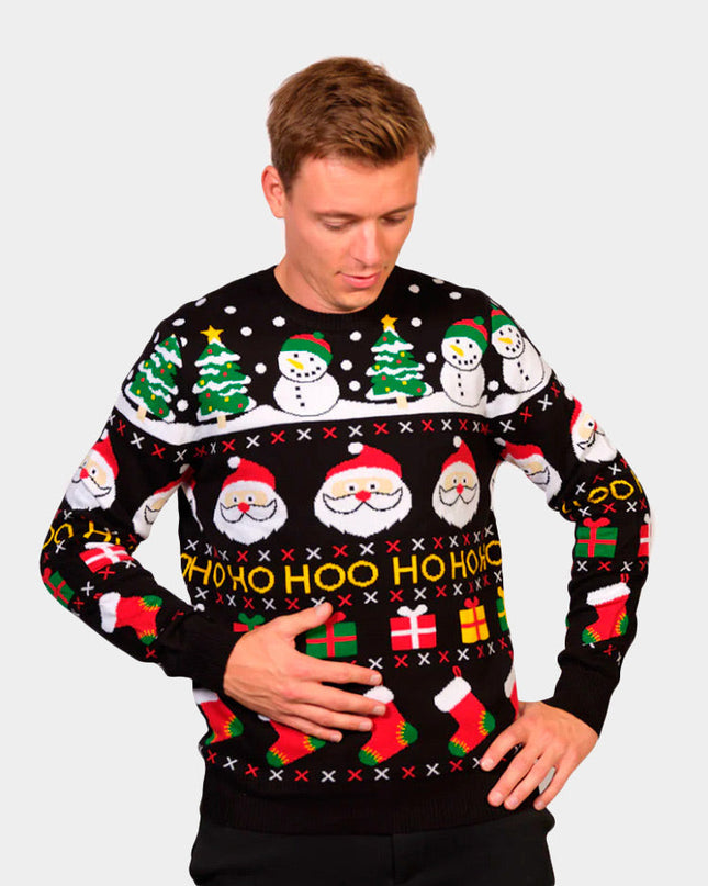 Men's Organic Cotton Christmas Sweater with Santa, Gifts, and Snowmen