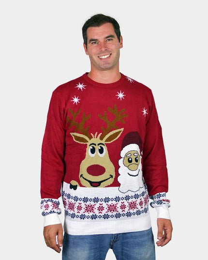 Men's Smiling Santa and Reindeer Christmas Sweater