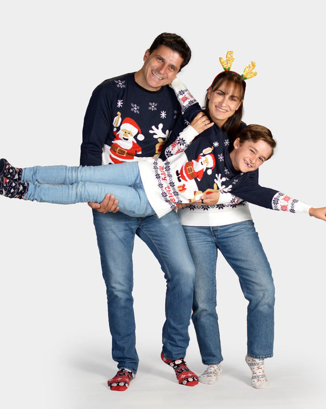 Blue Family Christmas Sweater with Santa and Rudolph