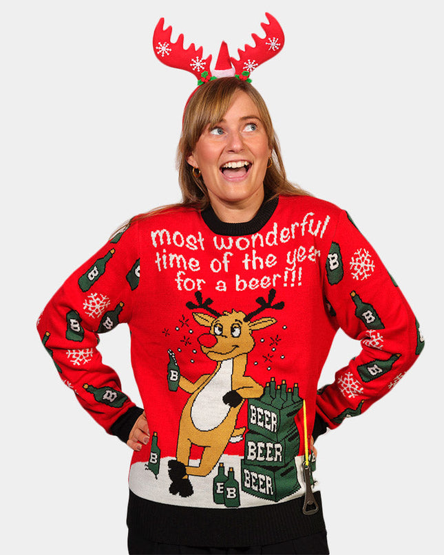 Women's Beer-Opening Reindeer Christmas Sweater