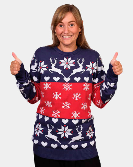 Women's Blue and Red Reindeer Hearts Christmas Sweater