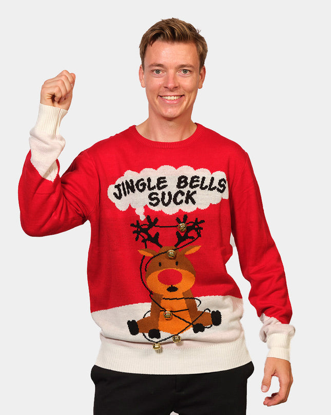 Christmas Sweater for Men Red with 3D Jingle Bells