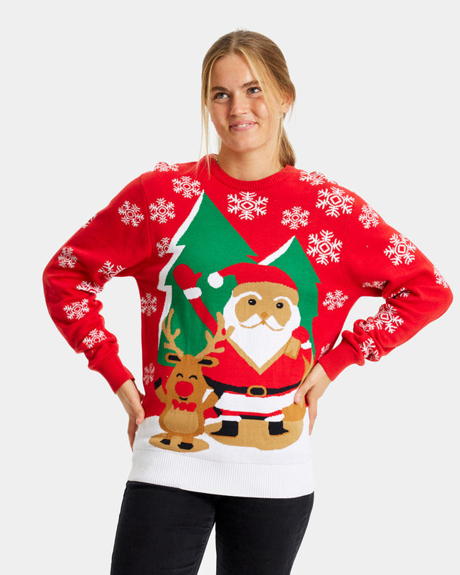 Women's Red Christmas Sweater with Santa and Reindeer