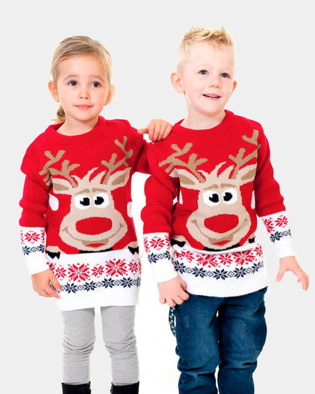 Red Christmas Sweater for Kids with Reindeer and Snow