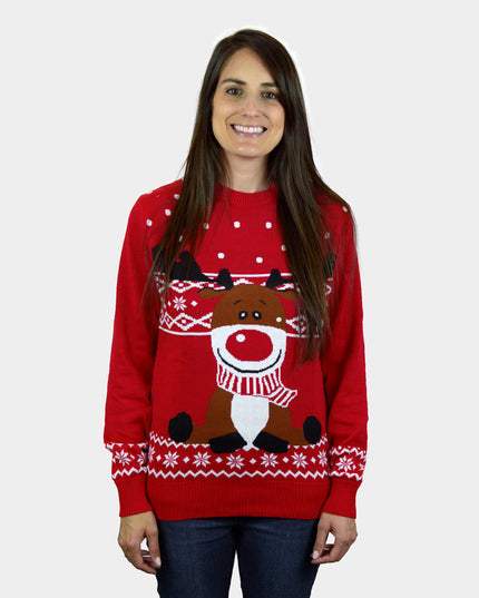Red Rudolph Christmas Sweater with Scarf for Women