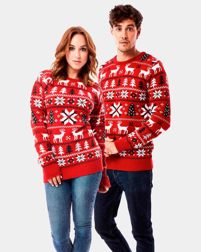 Red Christmas Sweater with Reindeer, Trees, and Polar Stars 2023