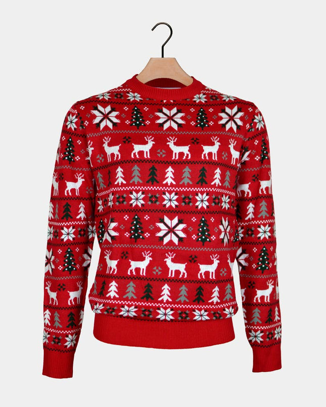 Red Couple Christmas Sweater with Reindeer and Trees