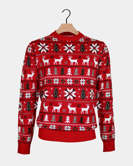 Red Couples Christmas Sweater - Reindeer, Trees, and Polar Stars