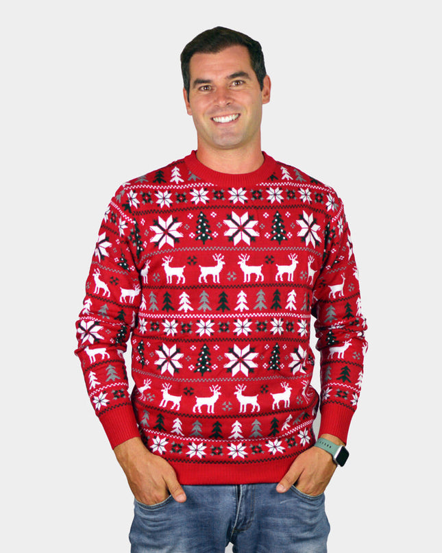 Men's Red Sweater with Reindeer and Polar Stars
