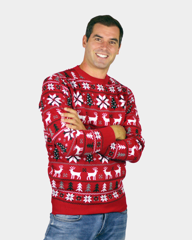 Red Christmas Sweater for Men with Reindeer and Polar Stars