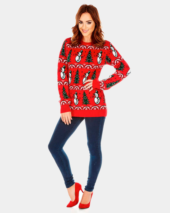 Women's Red Christmas Sweater with Trees and Snowmen