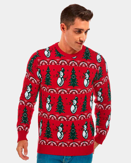 Red Christmas Sweater for Men with Trees and Snowmen