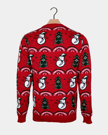 Christmas Sweater for Men Red with Christmas Trees and Snowmen