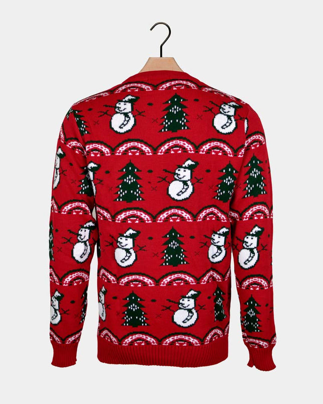 Red Christmas Sweater for Men with Trees and Snowmen