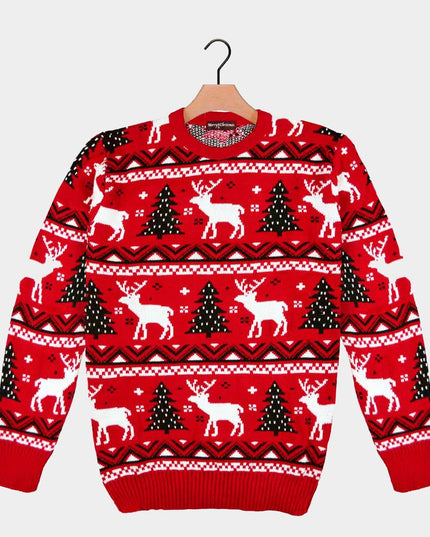 Red Christmas Sweater with Trees and Reindeer 2023