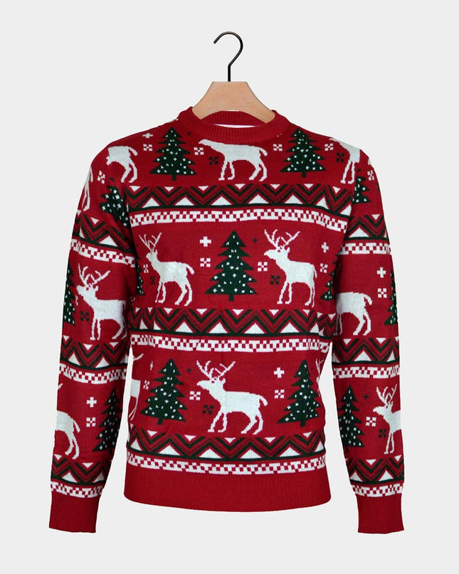 Red Couples Christmas Sweater with Trees and Reindeer