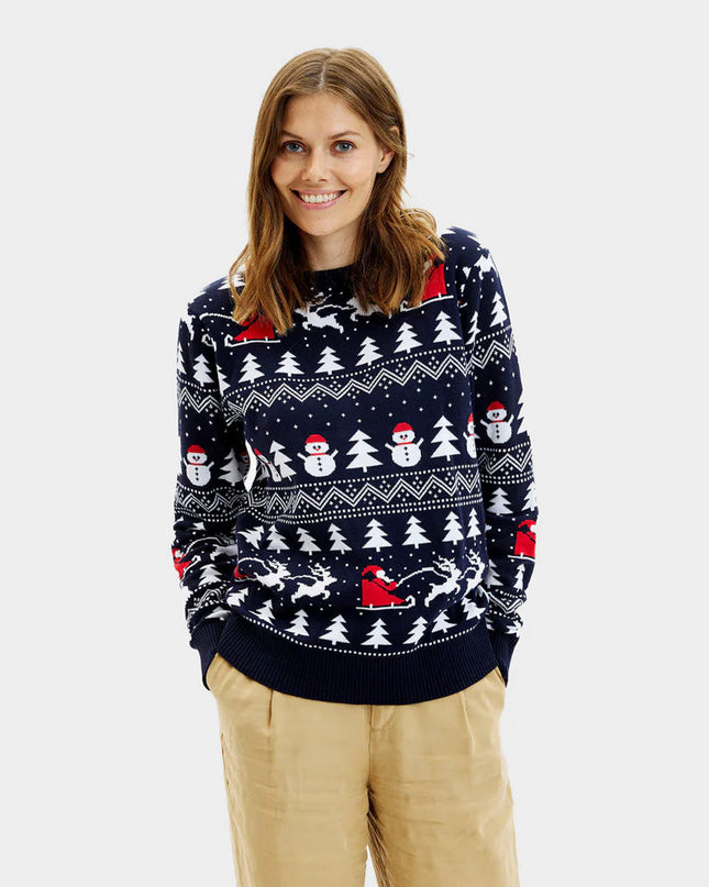 Women's Organic Cotton Blue Christmas Sweater with Trees, Snowmen, and Santa