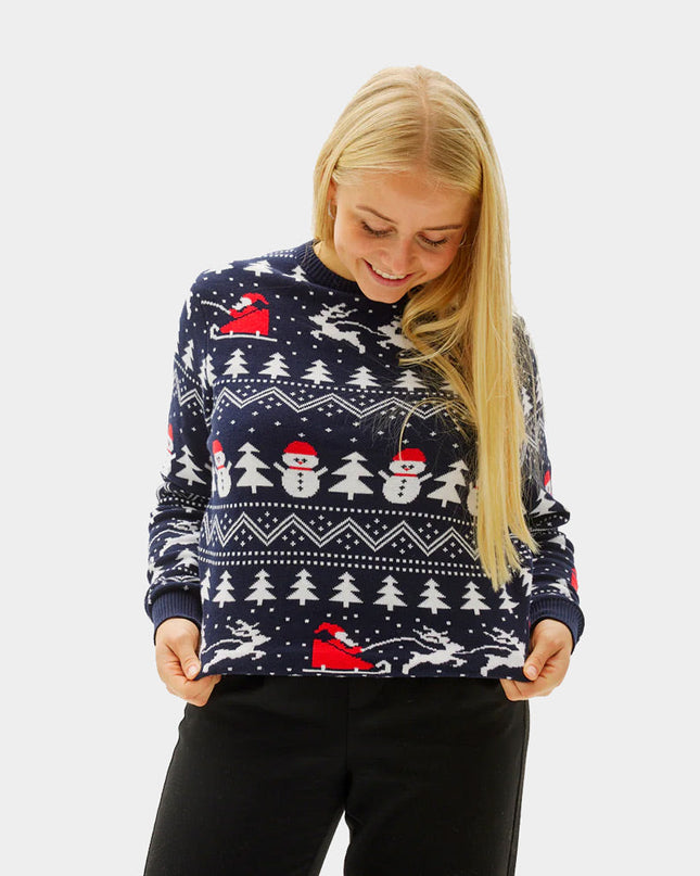 Blue Christmas Sweater for Women with Trees, Snowmen, and Santa in Organic Cotton