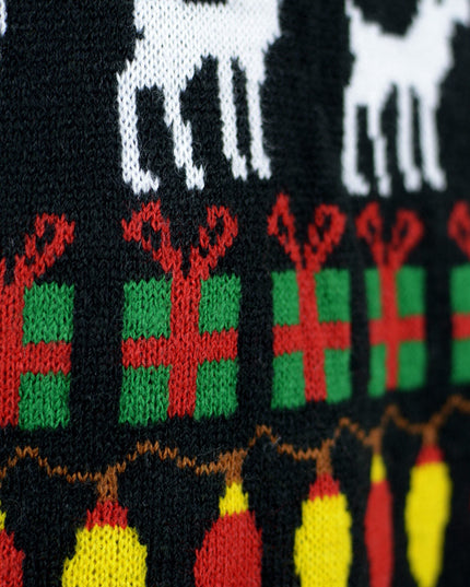 Black Christmas Sweater for Kids with Trees and Gifts