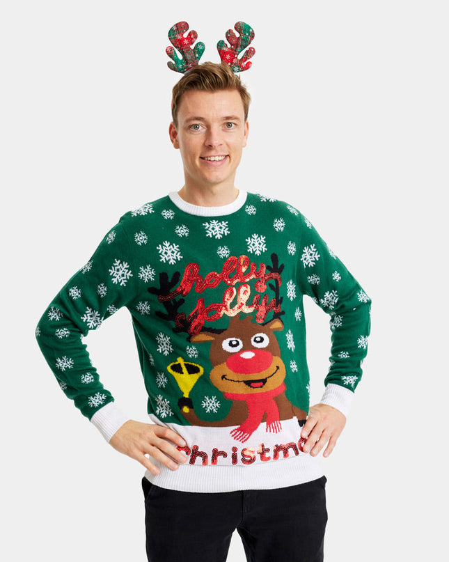 Green "Holly Jolly" Sequined Christmas Sweater for Men