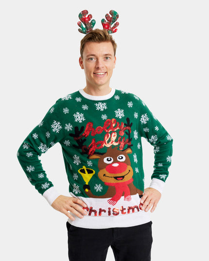 Christmas Sweater for Men Green with Holly Jolly Sequins