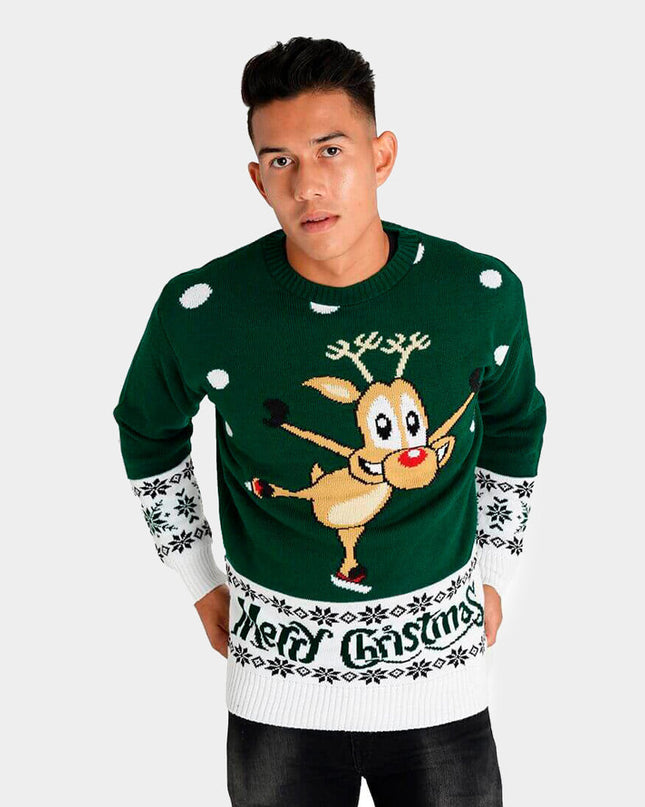 Green Christmas Sweater for Men with Skating Reindeer