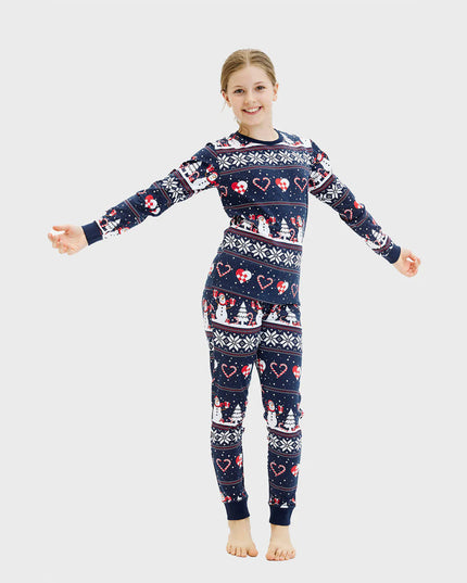 Kids' Blue Christmas Pajamas with Snowmen and Hearts