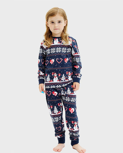 Kids' Blue Christmas Pajamas with Snowmen and Hearts