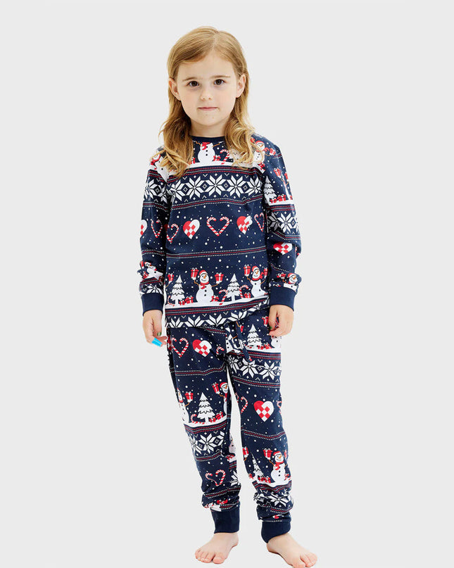 Kids' Blue Christmas Pajamas with Snowmen and Hearts