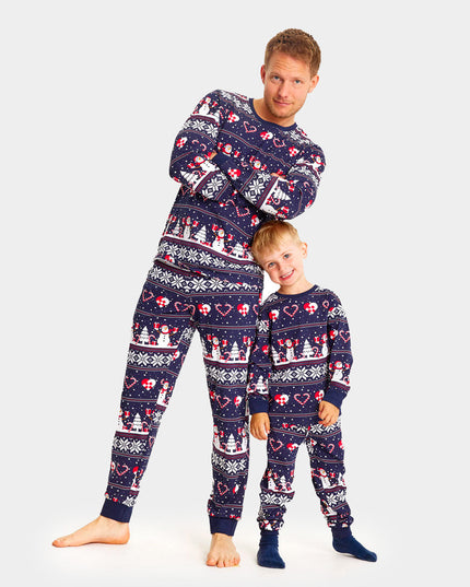 Kids' Blue Christmas Pajamas with Snowmen and Hearts